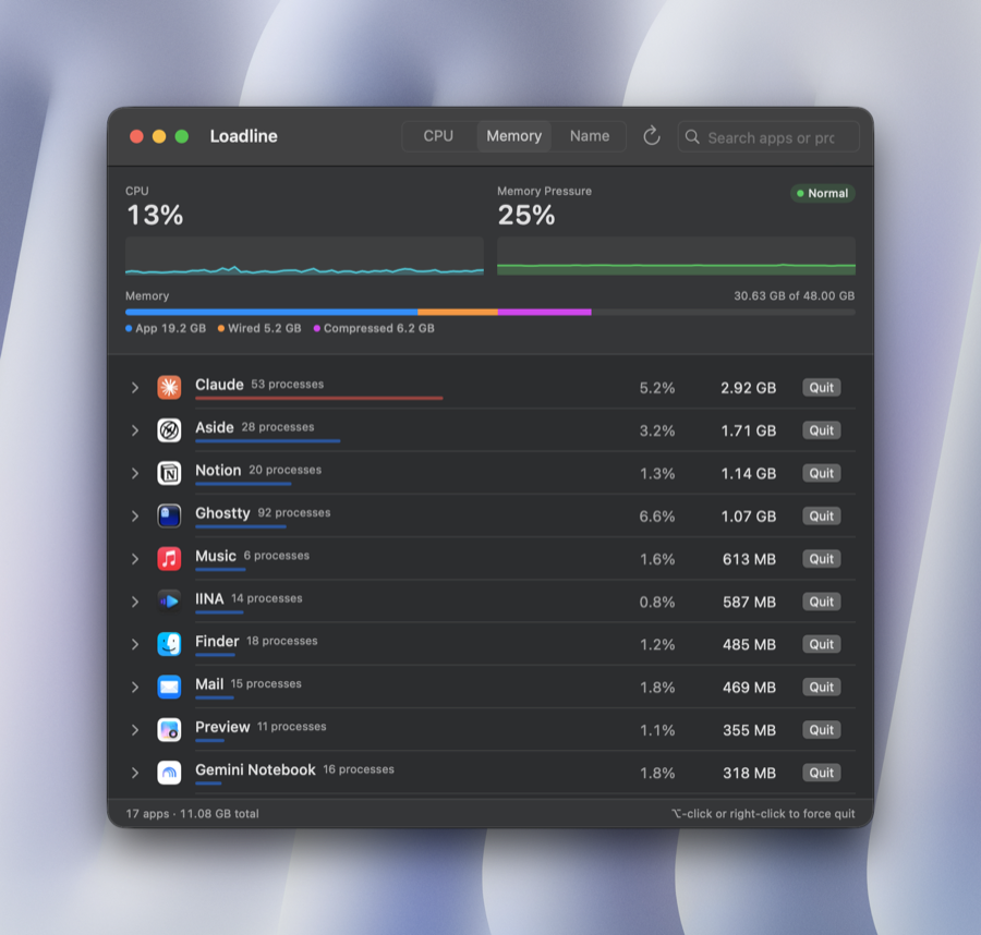 Loadline details window listing apps by memory