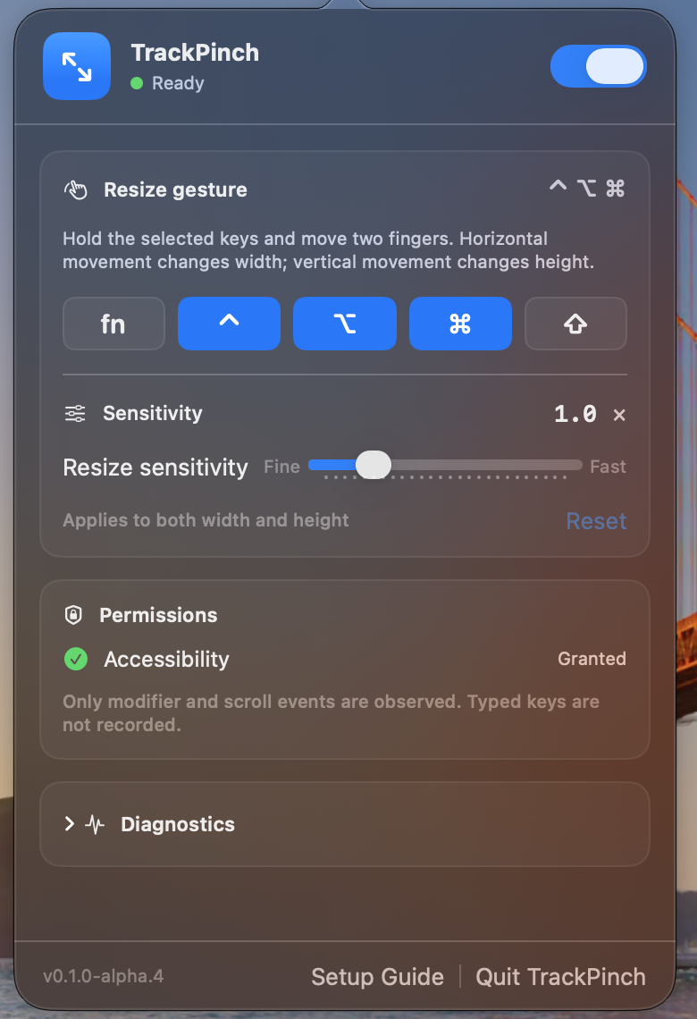 TrackPinch resize gesture and permissions settings